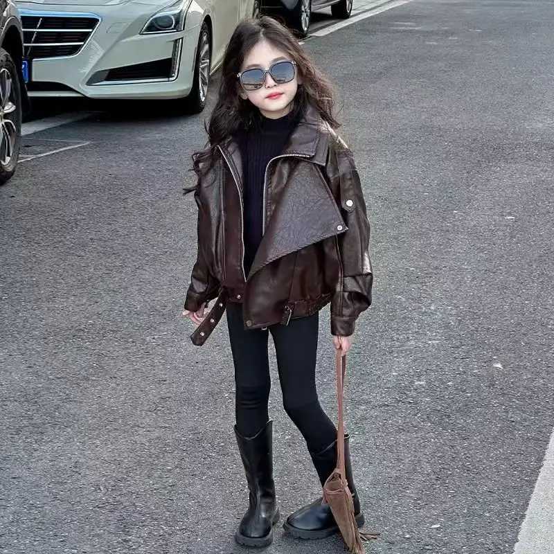 Spring and Girls Autumn Leather Jacket PU Fashion Casual Windproof Teenager Kids Coats Brown Trendy Outerwear 5-14YearsT260916