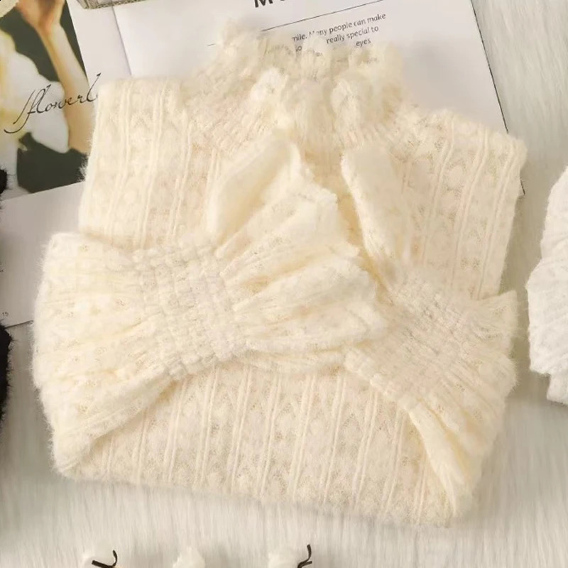Lace Half Turtleneck Knitted Sweater Women Fall Winter Thick Warm Long Sleeve Pullover Korean Chic Slim Hollow Out Jumper 260917