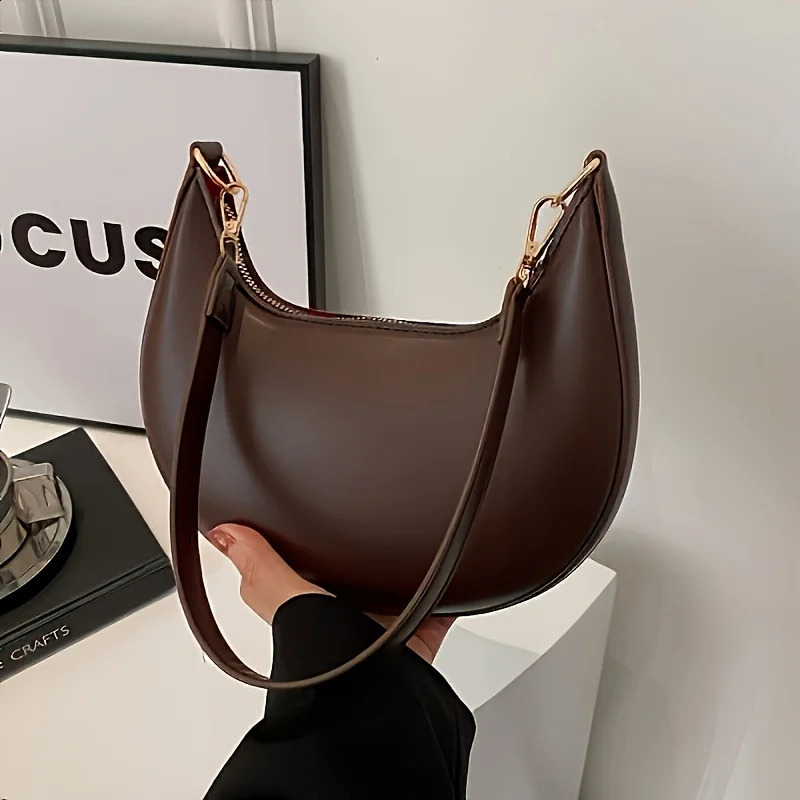 Vintage Tote Bag Retro Half Moon Pu Leather Handbag Shoulder Bags for Women Detachable Strap Zipper Closure Polyester Lining 260917