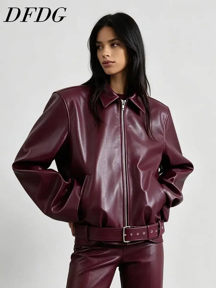 DFDG Women 2026 Spring Autumn Faux Leather Bomber Jacket Lapel Collar Full Zip Detachable Waist Belt Drop Shoulder Pocket Coat 260916