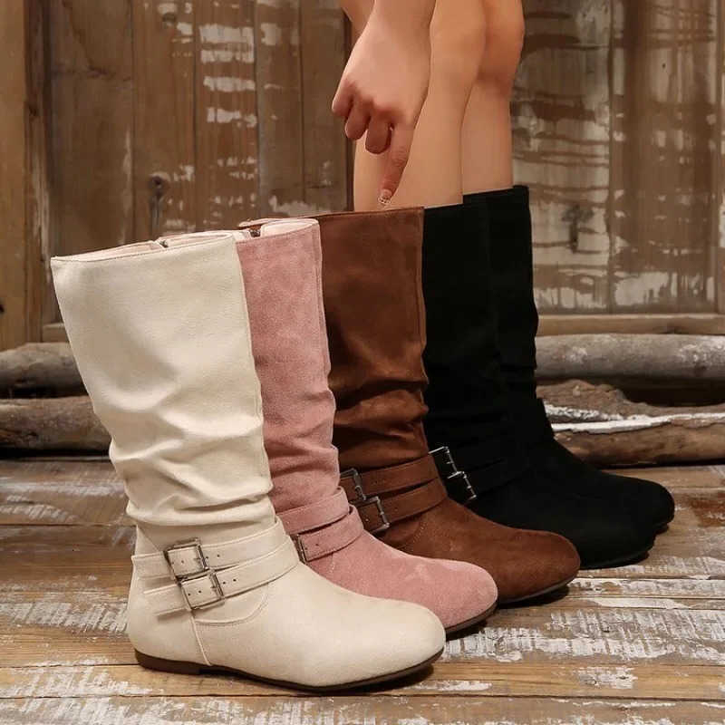 Boots Stacked Women's Spring Mid-calf New Style Side Zipper with Pleats Flat Versatile Comfortable Western Boots D260917