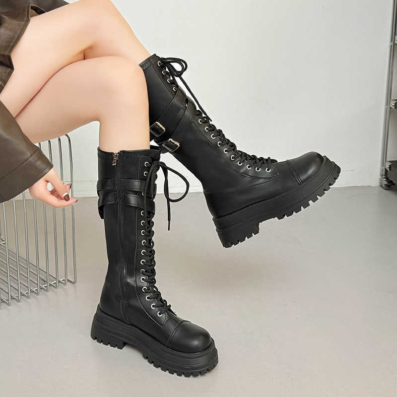 Round Women's Style Black British Toe Comfortable Mid-calf Boots 2026 Spring Autumn New fashion Lace Design Slim Knee-high Boots D260917