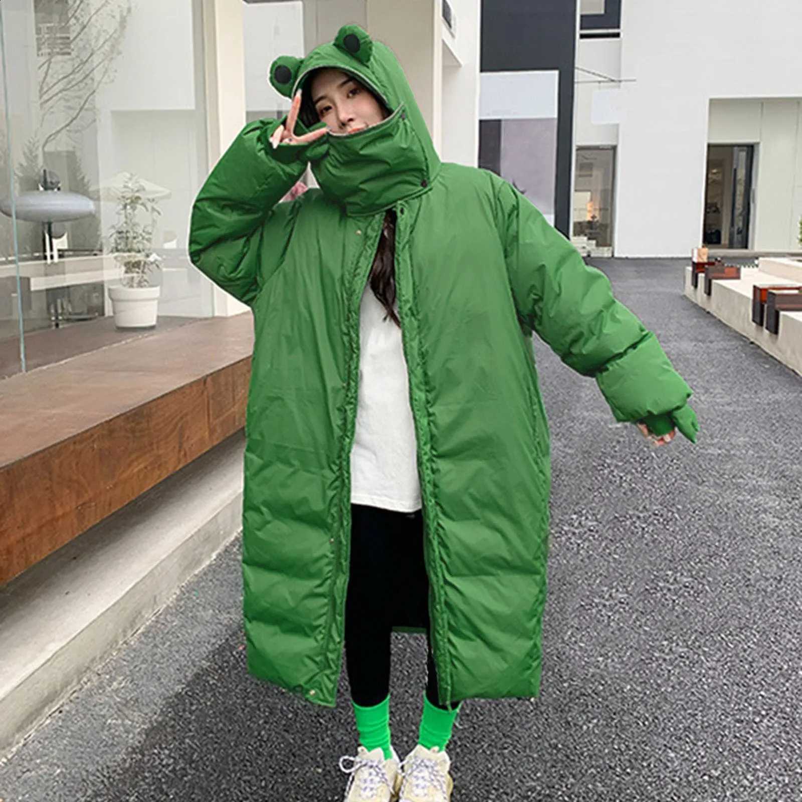 Funny Green Frog Hooded Parkas Women's Single Breasted Oversize Down Coats Trend Korean Style Mid Length Casual Cotton Jackets H2609171