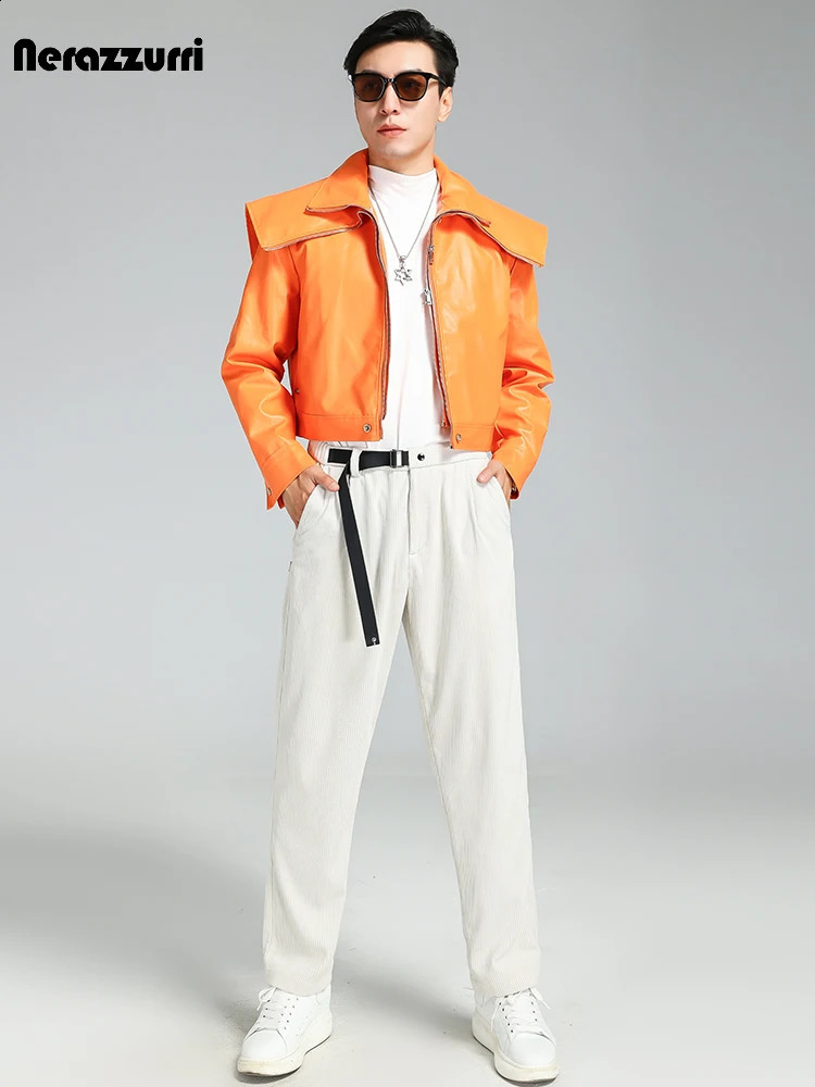 Nerazzurri Spring Autumn Handsome Cool Short Orange Black Pu Leather Jacket Men Long Sleeve Zip Up y ner Clothes 260917
