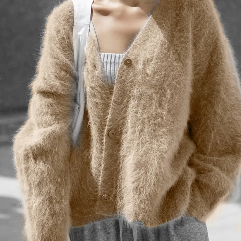 Mink Cardigan Women's Loose Sweater Jacket Soft Long Sleeve Knitted Sweater Solid Color Commuting Temperament Trendy 260917