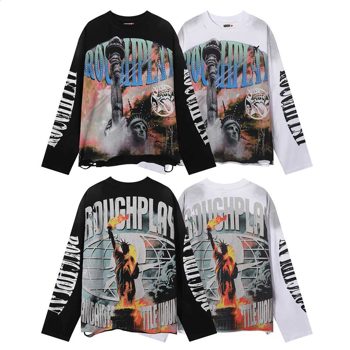 New American Style Rough Play Splicing Shinning Diamond 100% Cotton long sleeves T-shirts for Men Women Crew Neck Loose Summer T-shirt Oversized Tee