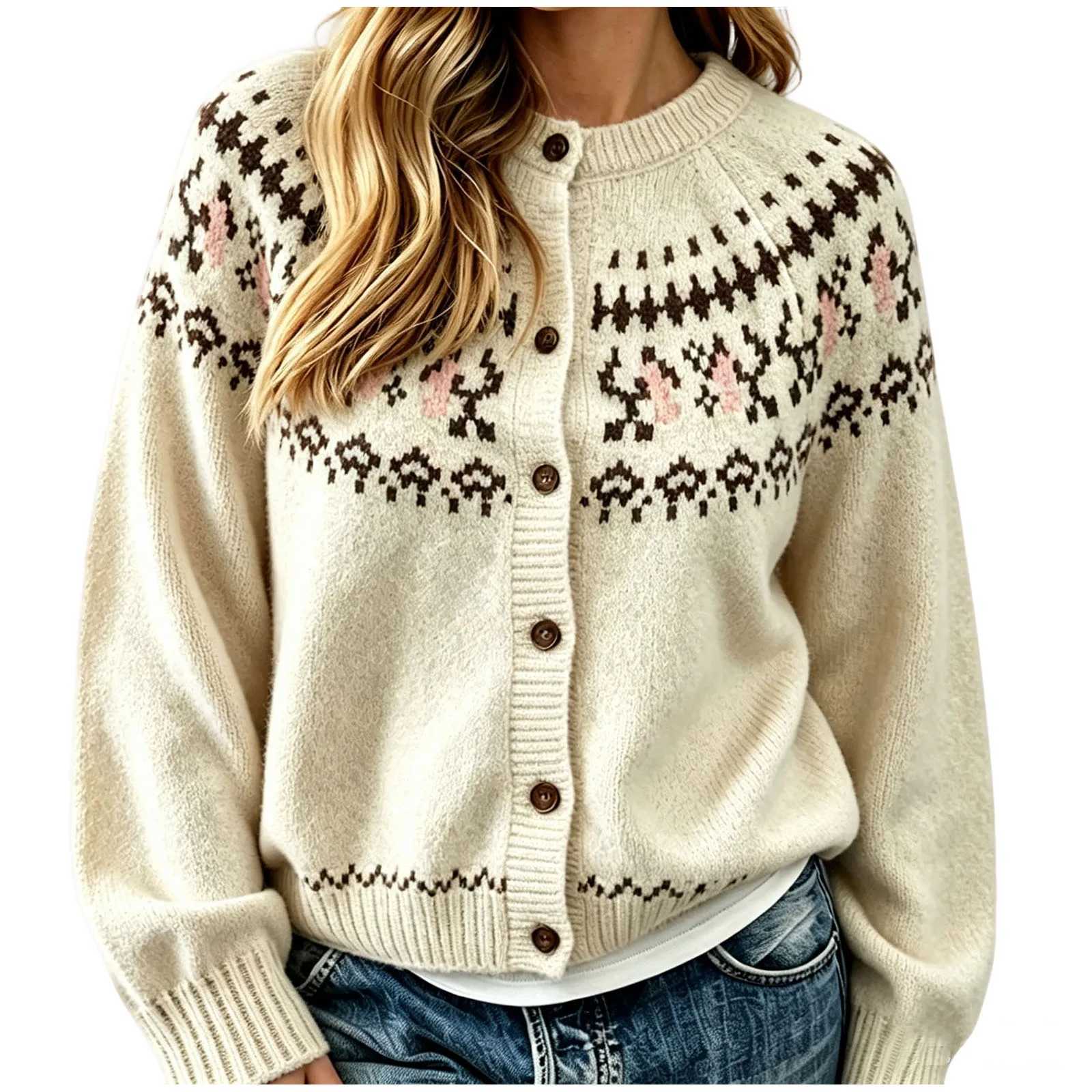 Women Nordic Jacquard Loose Fit Open Front Knit Cardigan Sweater Coat Vintage Multi Color Knitted Cardigans Autumn Winter S260917WOO5