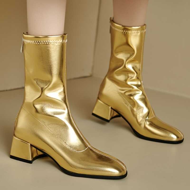 Women's Ankle Boots Gold Silver Zipper Short Dance Boot Thick Low Heels Winter Autumn Footwear Shoes Ladies Large Size 45 D260917