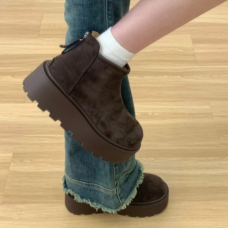 Winter Vintage Warm Cotton Women Ankle Boots Concise Platform Height Increase Shoes Street Style Banquet Party Plush Short Boot 260916