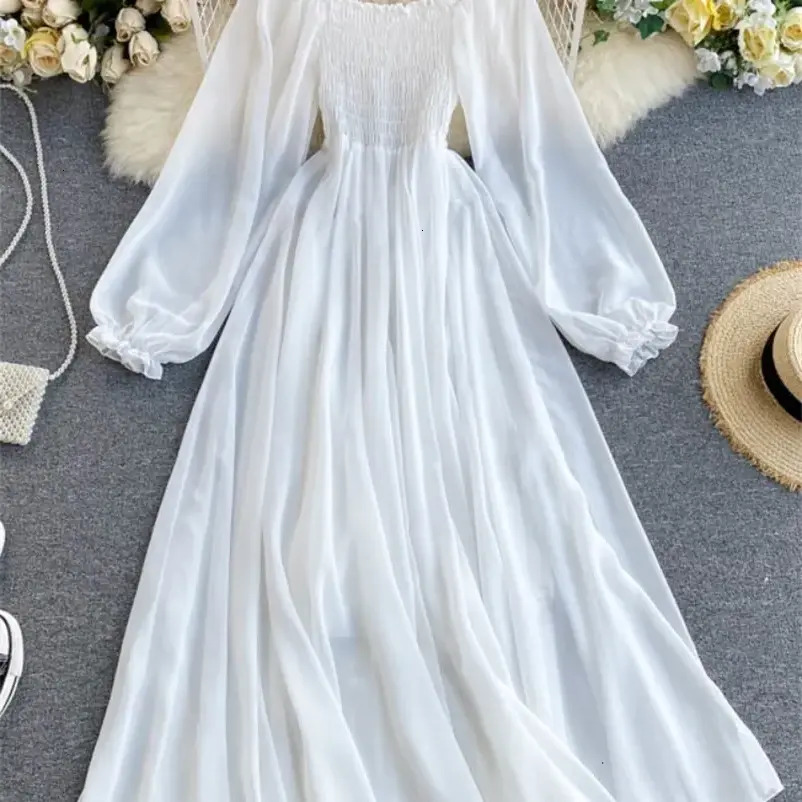 Women Casual Dress Casual everyday LY VAREY LIN Spring Autumn Women Elegant Holiday Puff Sleeve Slash Neck Off Shoulder Smocked White Chiffon Dresse