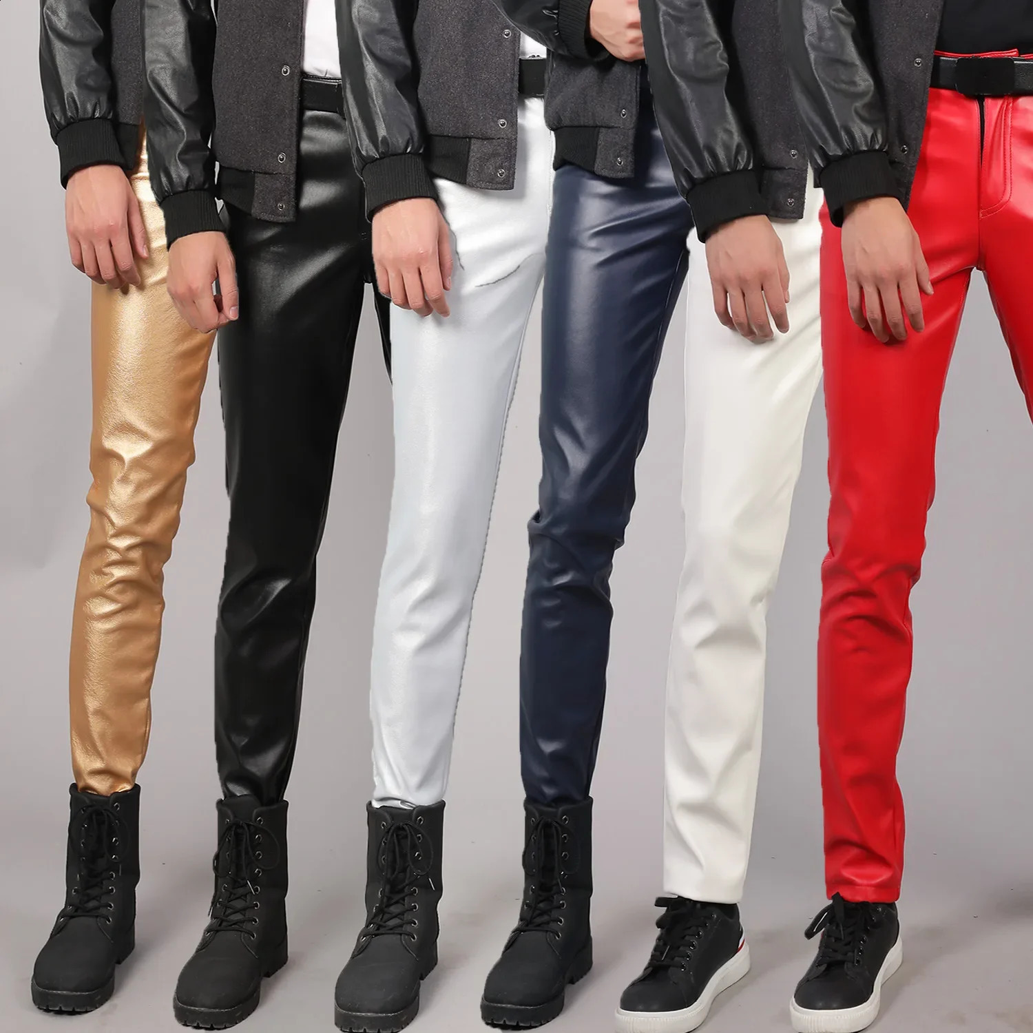 Men Slim Fit Faux Leather Pants Black / Red / White Fashion Homme Daily Casual Biker PU Trousers 260916
