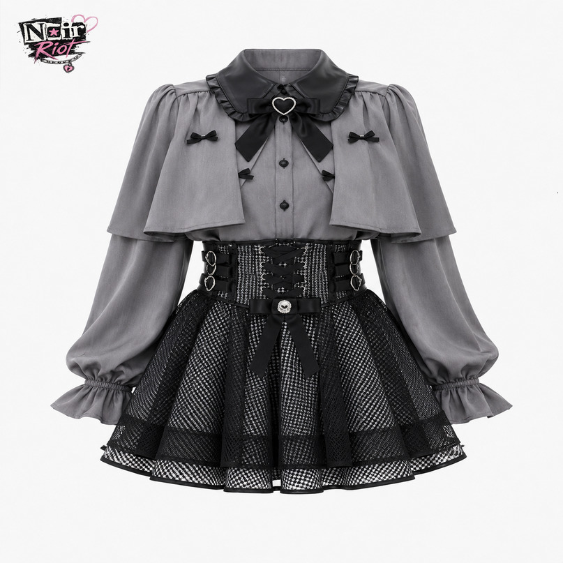 Ryousangata Two Piece Skirt Set Womens Cape Collar Puff Sleeve Blouse Plaid High Waist Mini Jirai Kei Daily OOTD Outfit 260916