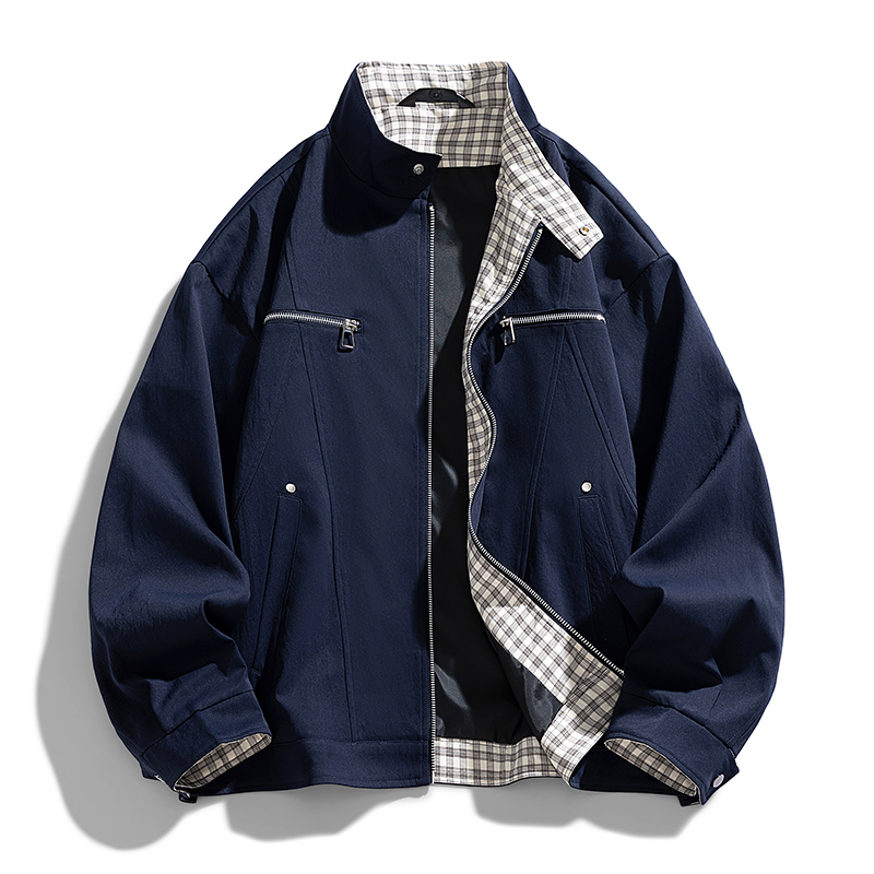 Men's Stand-Collar Casual Jacket Solid Color Loose Fit Zip-Up Windbreaker with Plaid Lining Streetwear Outerwear 26Y0917
