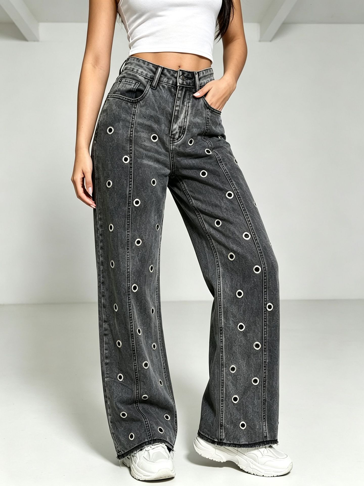 Cross-border European and American high-street retro raw-hem heavy-duty metal ring hollow design loose straight-leg women's denim pants 33