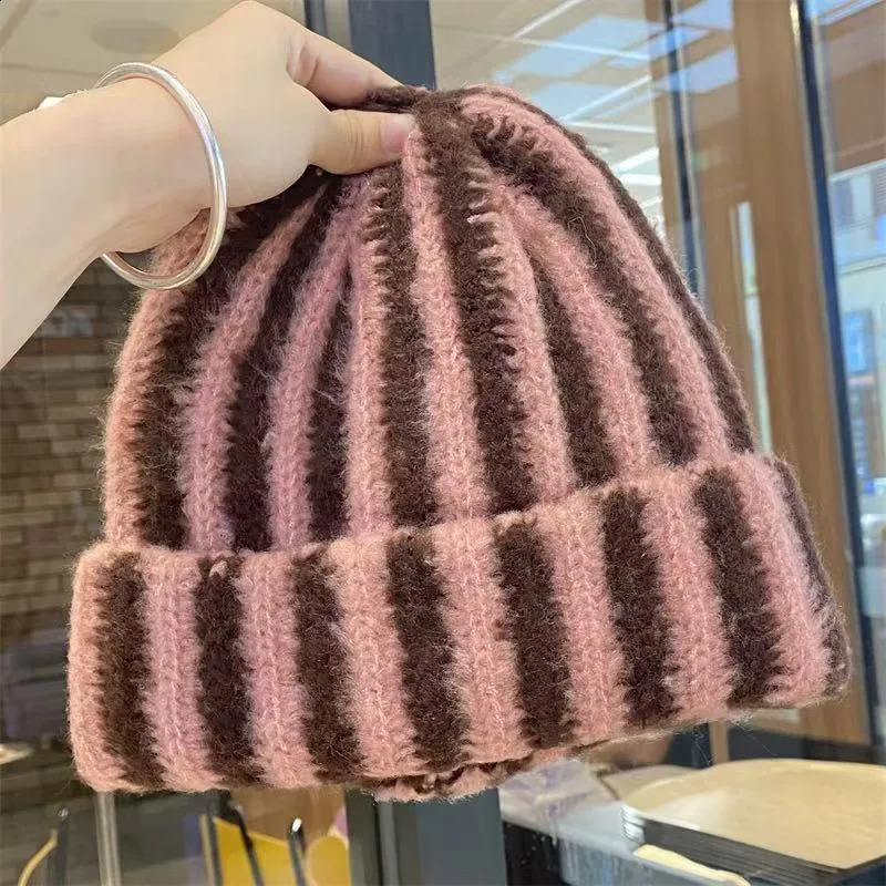 Korean Striped Color Blocked Warm Woolen Hat Autumnwinter Women Men Thick Flanged Knitted Bunnie Outdoor Cycling Fashion Items 260917