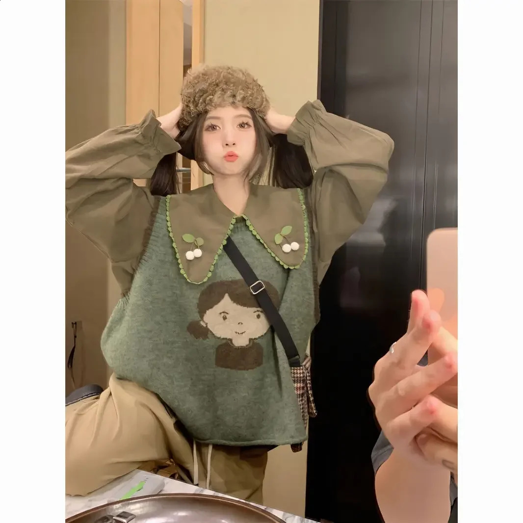 Korean Version of Loose Lace Doll Shirt Women's n Sense Knitted Vest Folded Sweater Waistcoat Roupas Femininas Knit 260916