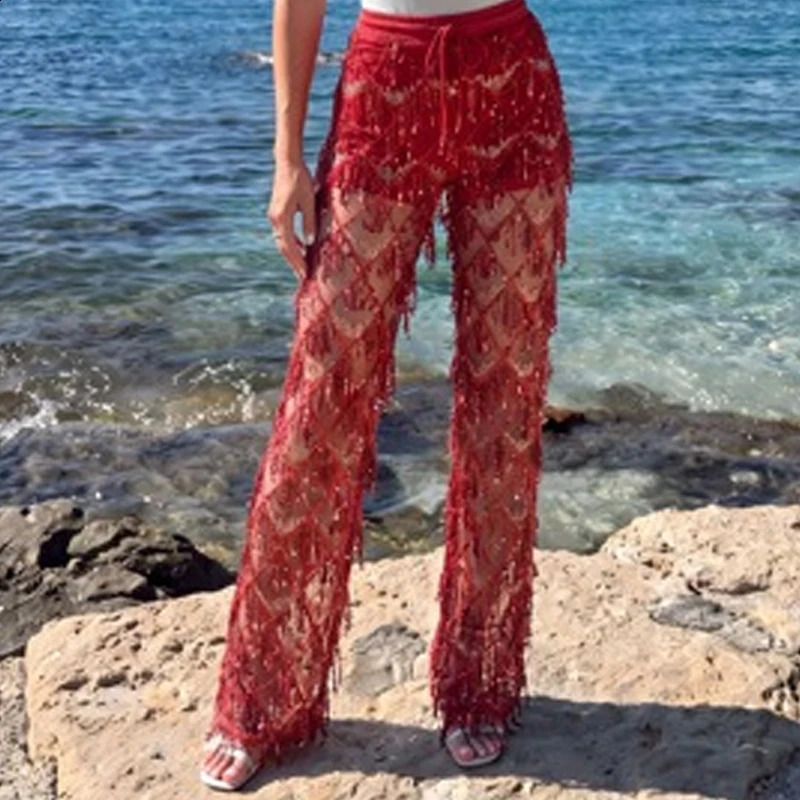 2026 Spring Fashion Drawstring High Waist Trousers Lady Casual Tassel Mesh See Through Pants Shiny Sequins Loose Vacation 260917