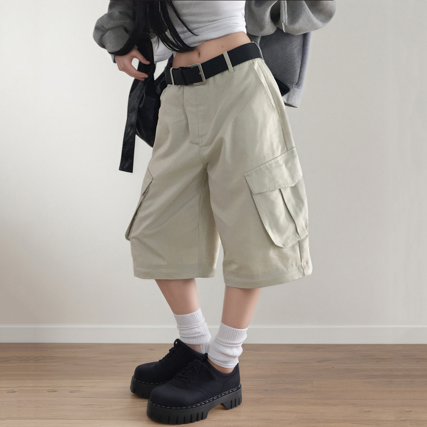 Autumn and winter pocket patchwork work pants, street style, detachable two-way design, straight-leg, five-point length, for women 57