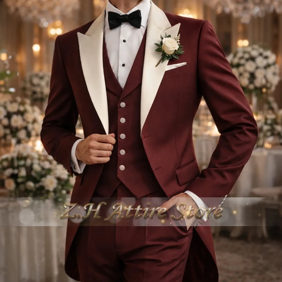 Elegant Burgundy Men's ThreePiece Suit Set with Ivory Lapel Jacket Vest Pants CustomMade Tuxedo for Wedding Groom Prom 260917