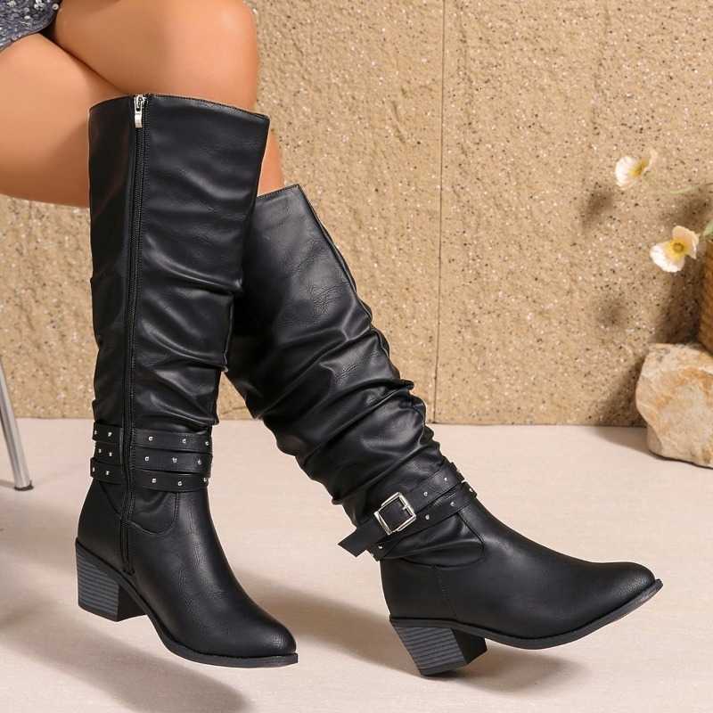 Boots Women's fashion Chunky Single Winter Season New Pointed Head Side Zipper s Non-slip High Boots D260917