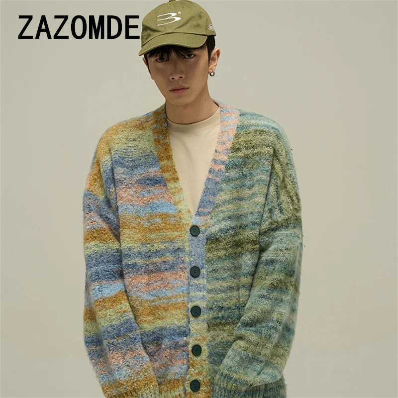 ZAZOMDE Retro Color Striped Sweater Jacket Man Oversize V-neck Single-breasted Casual Knit Cardigan Sweater Winter Outwear Coat S260917ZY4R