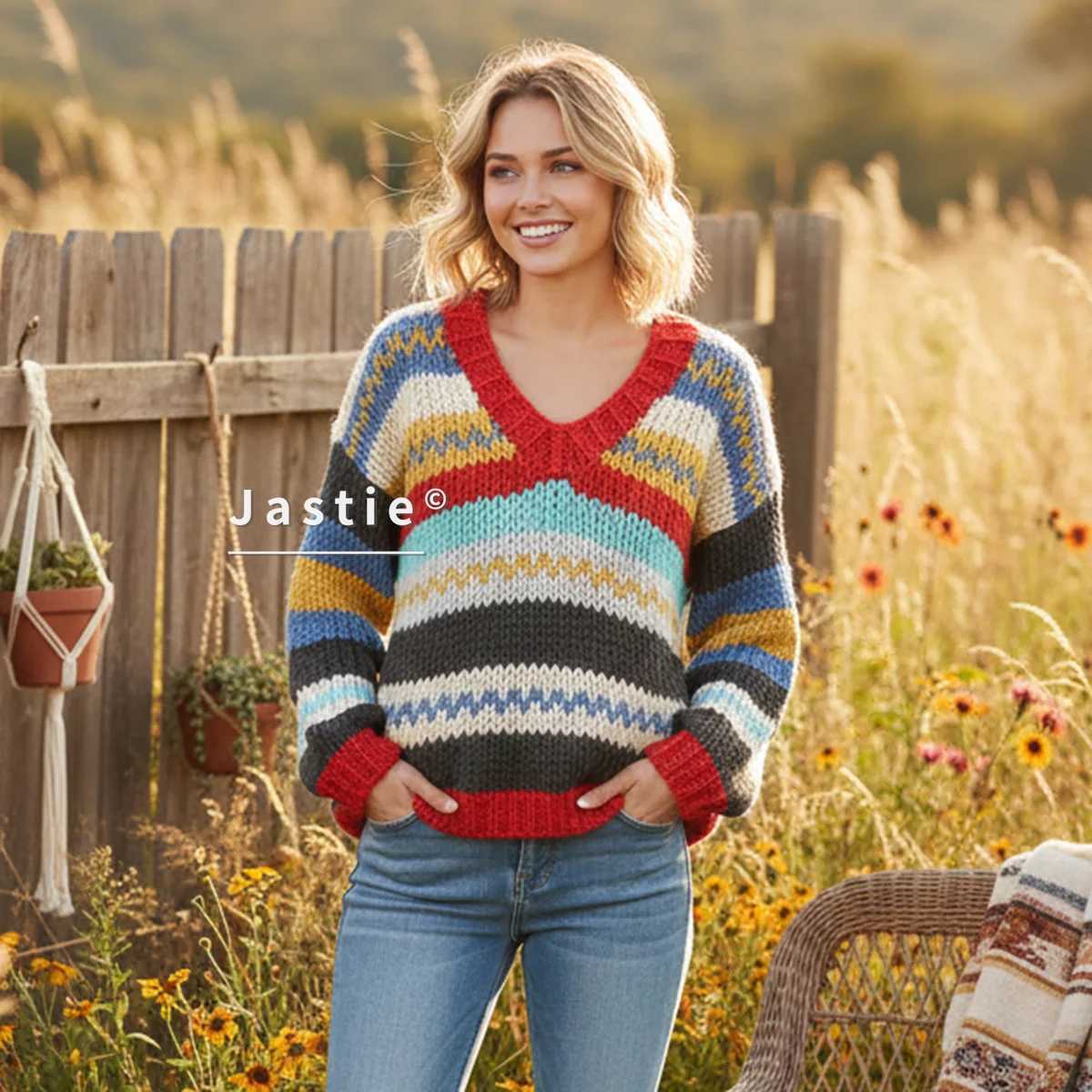Handmade Chunky Knit V-Neck Sweater For Women Boho Rainbow Striped Oversized Pullover Thick Yarn Loose Autumn Winter Casual Top S260917K3QR