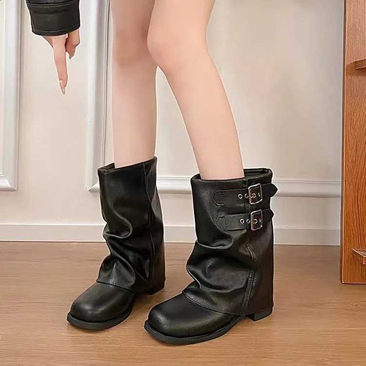 Slouchy Mid Calf Boots Chic Women Double Square Heel Block Heels Faux Leather SlipPleated Motorcycle Booties D260917