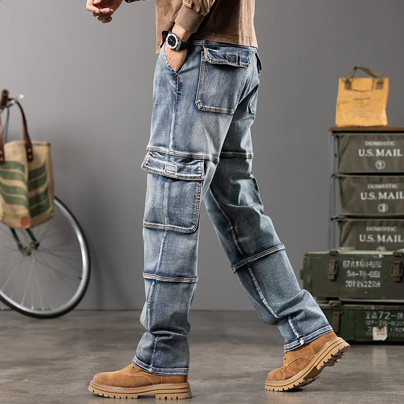 Autumn and winter styles Mens Outdoor Wide Leg Workwear MultiPocket Jeans Straight fit plus size mens jeans 42 44 260917