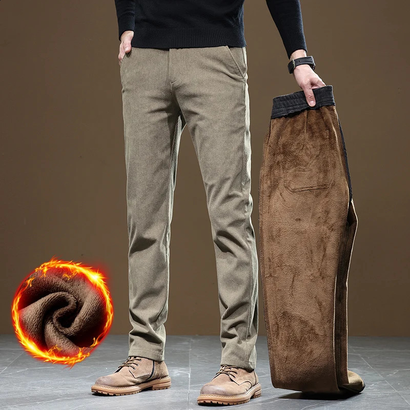Winter Fleece Warm Corduroy Pants Men Business Fashion Slim Fit Stretch Thicken Gray Khaki Fluff Casual Trousers Male 260917