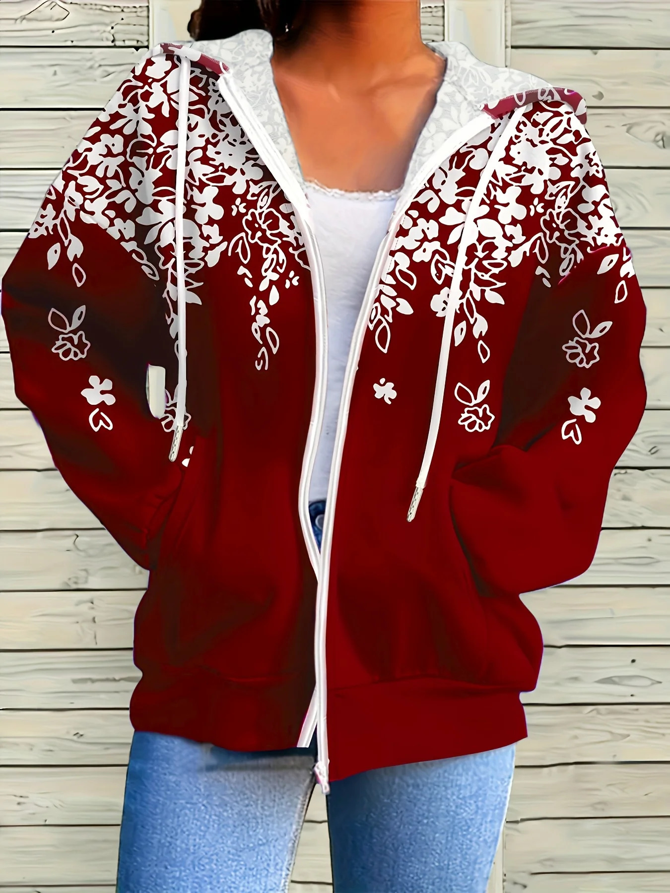 Plus Size Floral Print ZipUp Hoodie for Women Stylish Comfortable Warm Casual Outerwear with Pockets 260917