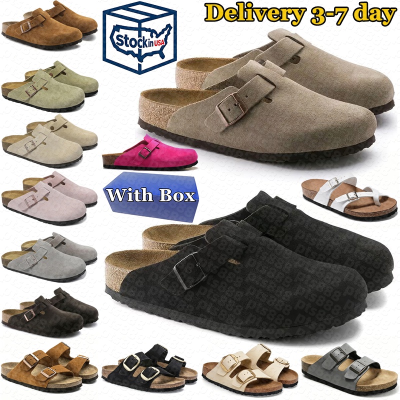 With box designer slippers slides clogs sandals men womens mules Taupe Black Mocha Sand suede leather mens outdoor cork flat slide comfortable shoes