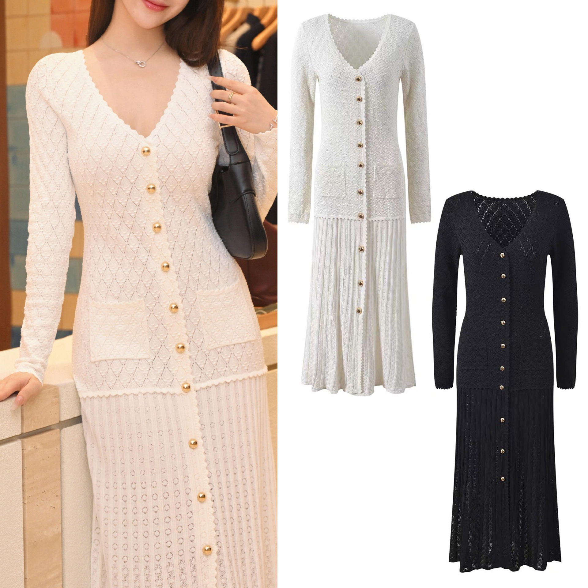 sandro designer dress women 2026 autumn v neck long sleeve single breasted hollow out knitted cardigan maxi dress