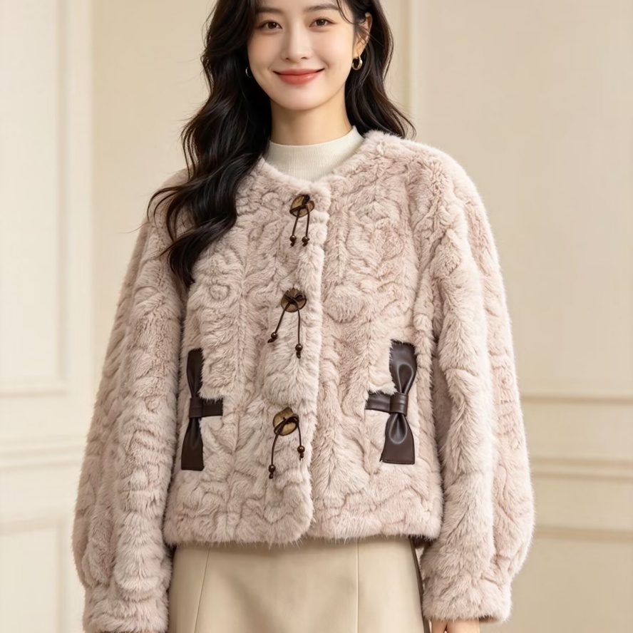 Designer coat - Women's faux mink short coat with a round collar design and bow pocket as decoration. It is an eco-friendly fur coat suitable f