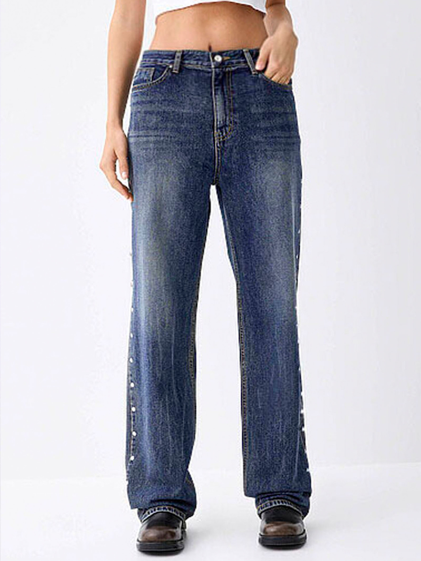 American style vintage washed straight-leg jeans with side rivets for women, floor-length jeans, street fashion 38
