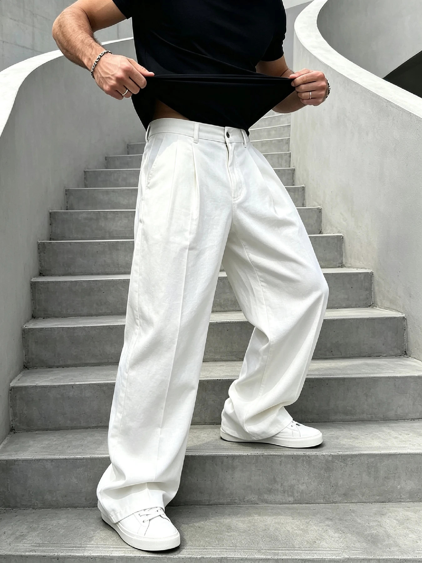 Men's Spring Summer High Waist Single Pleated Wide Leg Casual Pants Cleanfit Style Draping Straight Fit Breathable Loose Trouser 260917