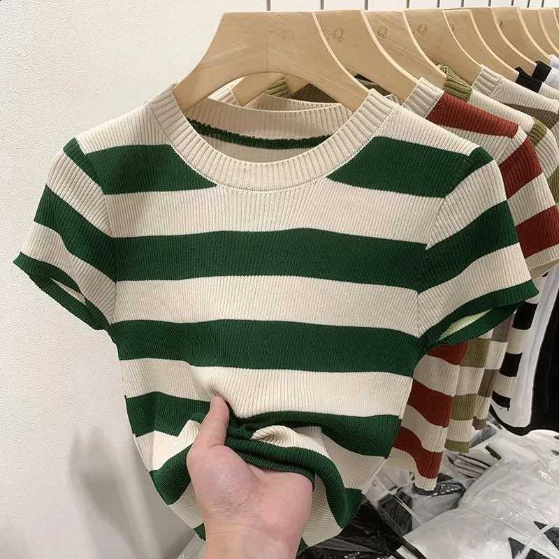 2026 Sweater New Women's Spring Summer O-neck Striped Short Sleeve Knitted T-shirt Korean Casual Pullovers Slim Top J260916