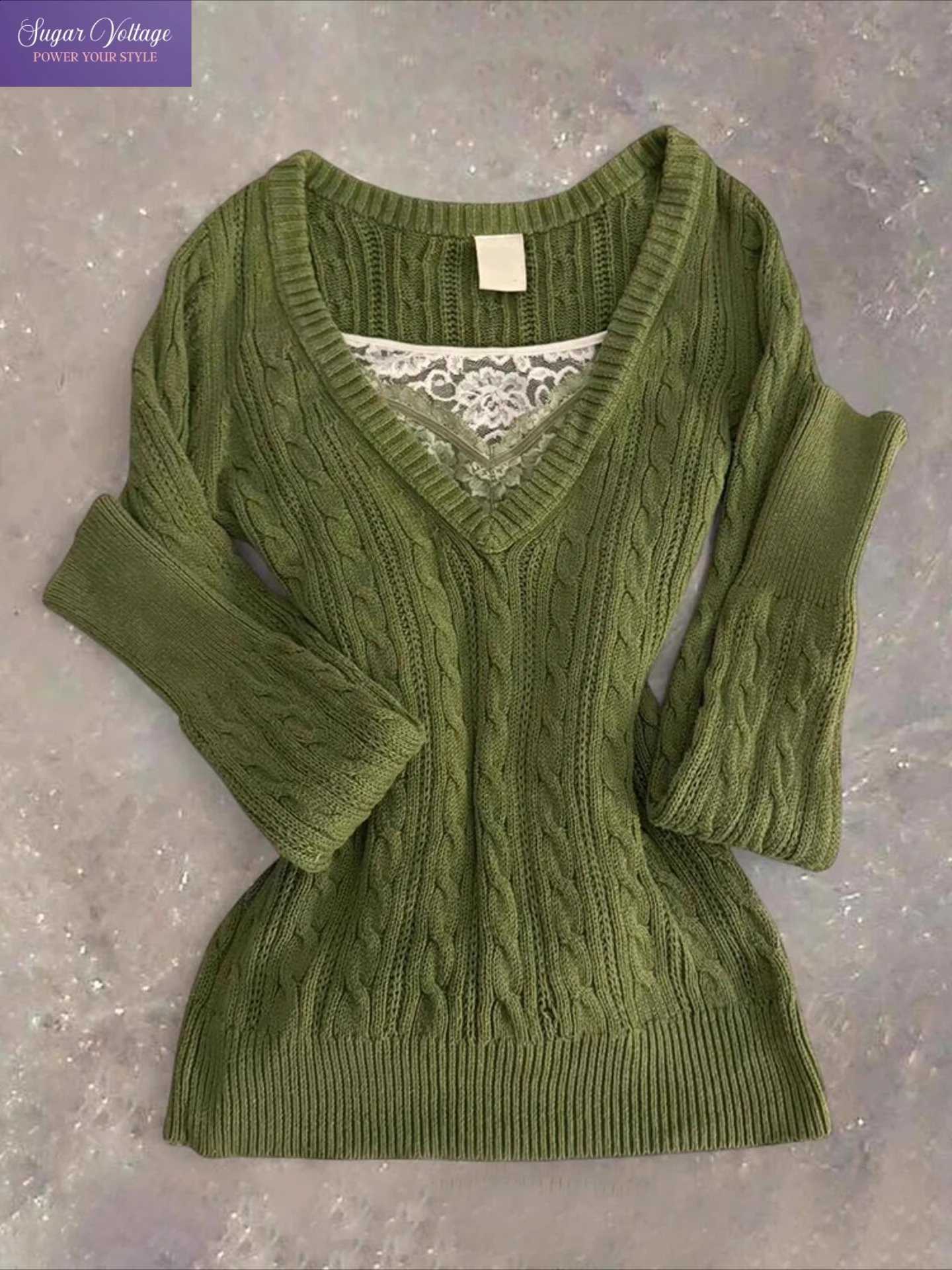 Vintage Y2K Knit Sweater Women Autumn Winter Slim Fit V Neck Cable Knit Pullover Faux Layered Lace Inner Casual Harajuku Top X260916