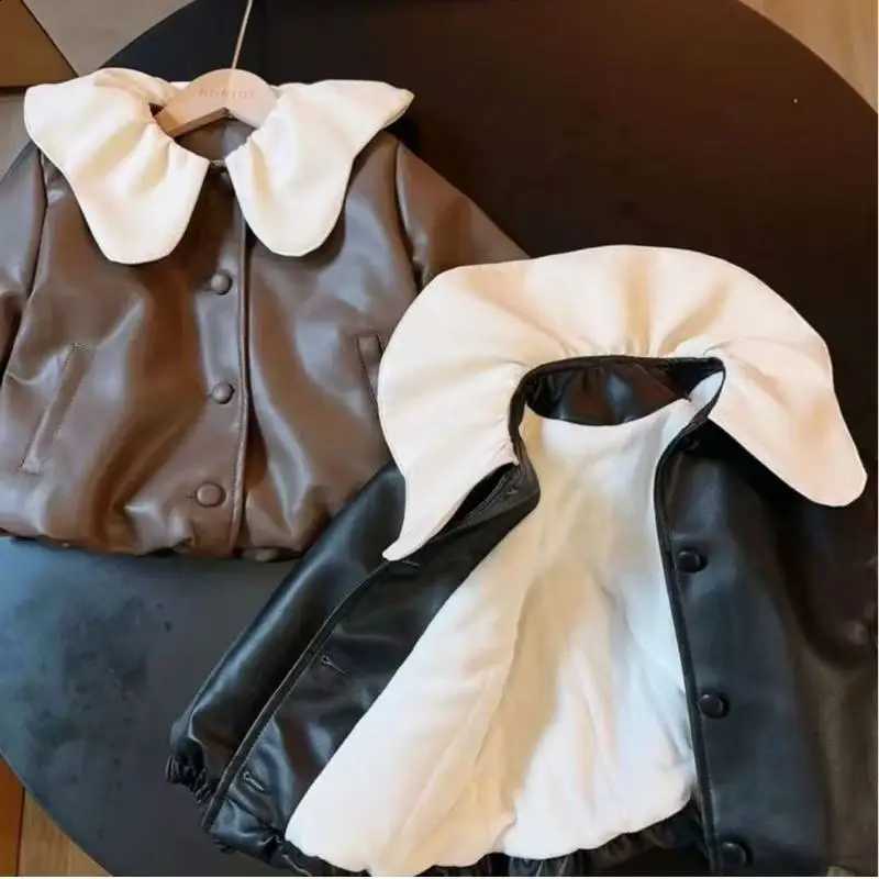 Boys Autumn WinterGirls PU Leather Jacket Keep Warm Thicken Faux Fur In One Coat Thick Girls Outerwear New Kids Clothes 90-140CMT260916
