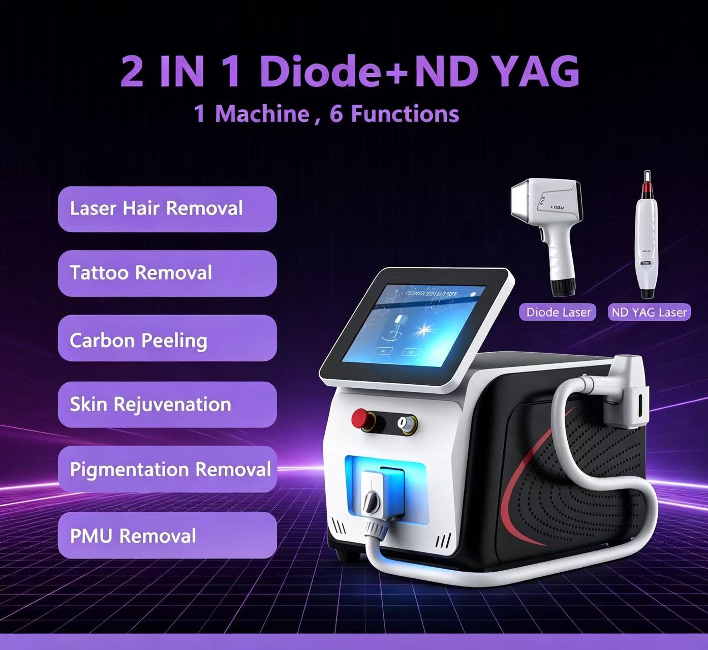 Portable Multi Functional 2in1 Diode ND YAG Laser Salon Equipment Hair Tattoo PMU Pigment Removal Skin Rejuvenation