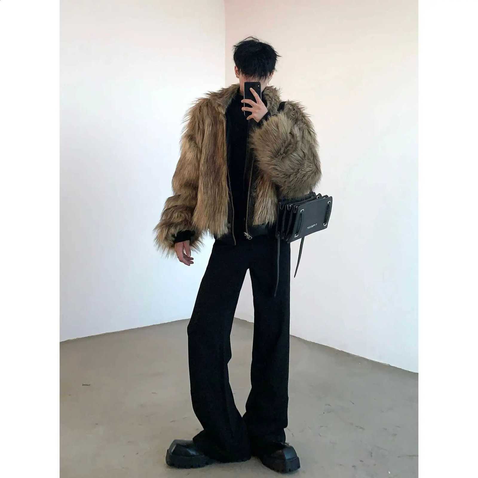 Jacket Fur Men Coat Faux Pu Leather 2025 Winter Thick Warm Outerwear Spliced Hooded Zipper Pockets Vintage High Street Overcoat W260915