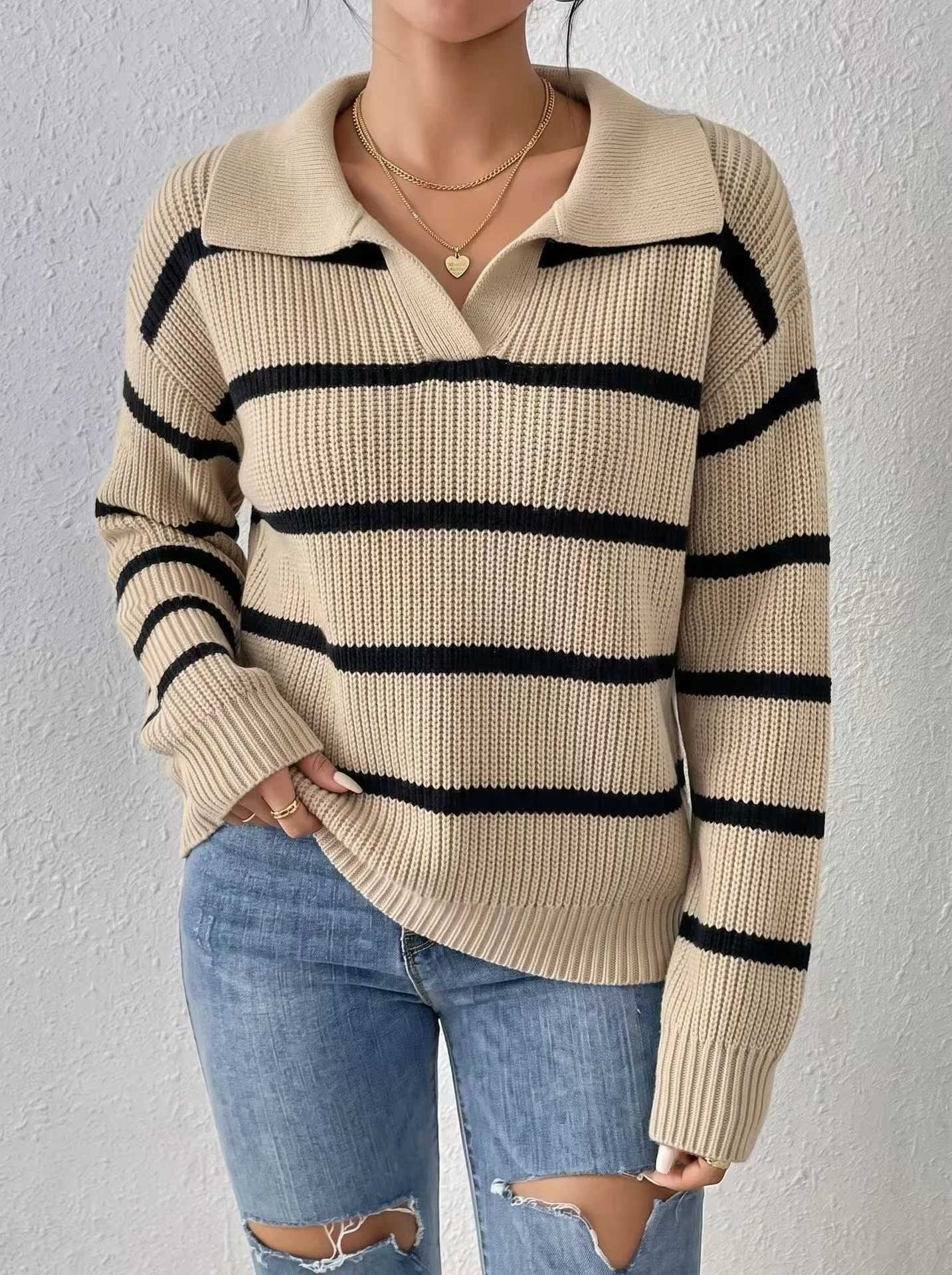 Casual Collar Striped Knitted Sweater Loose Fit Long Sleeve Women's Online Exclusive Fashion Summer Regular Thickness S260917UMCZ