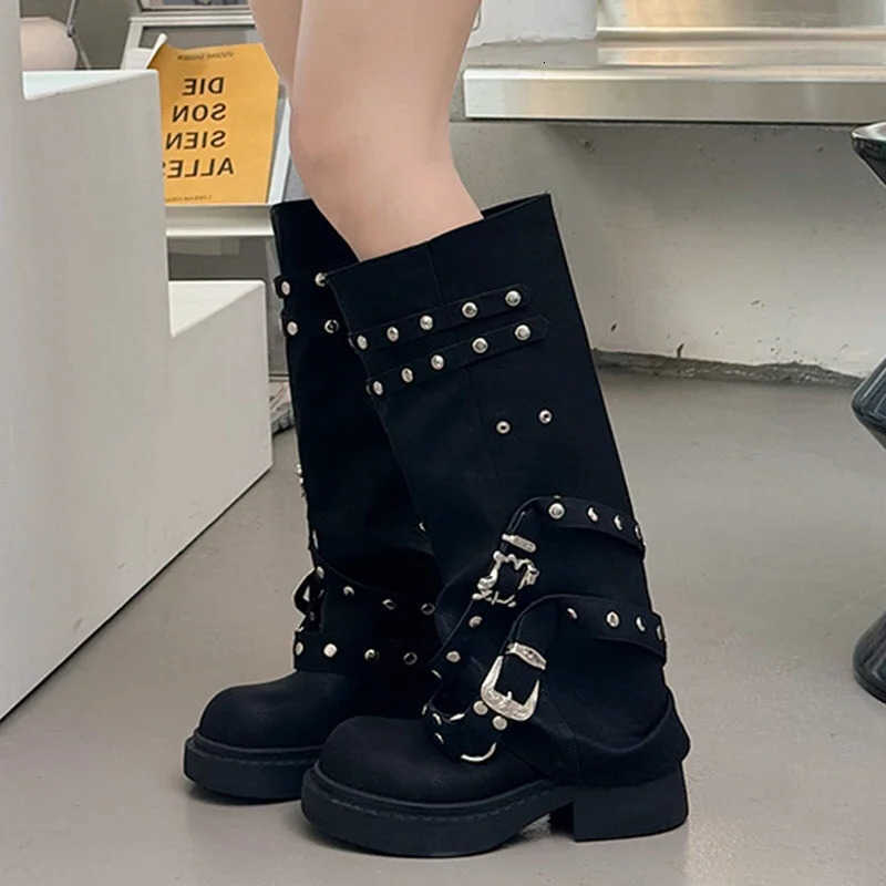 Women Knee High Chelsea Boots Platform Walking Shoes New Punk Style Black Motorcycle Boots fa1 Thick Middle Heeled Botas D260917