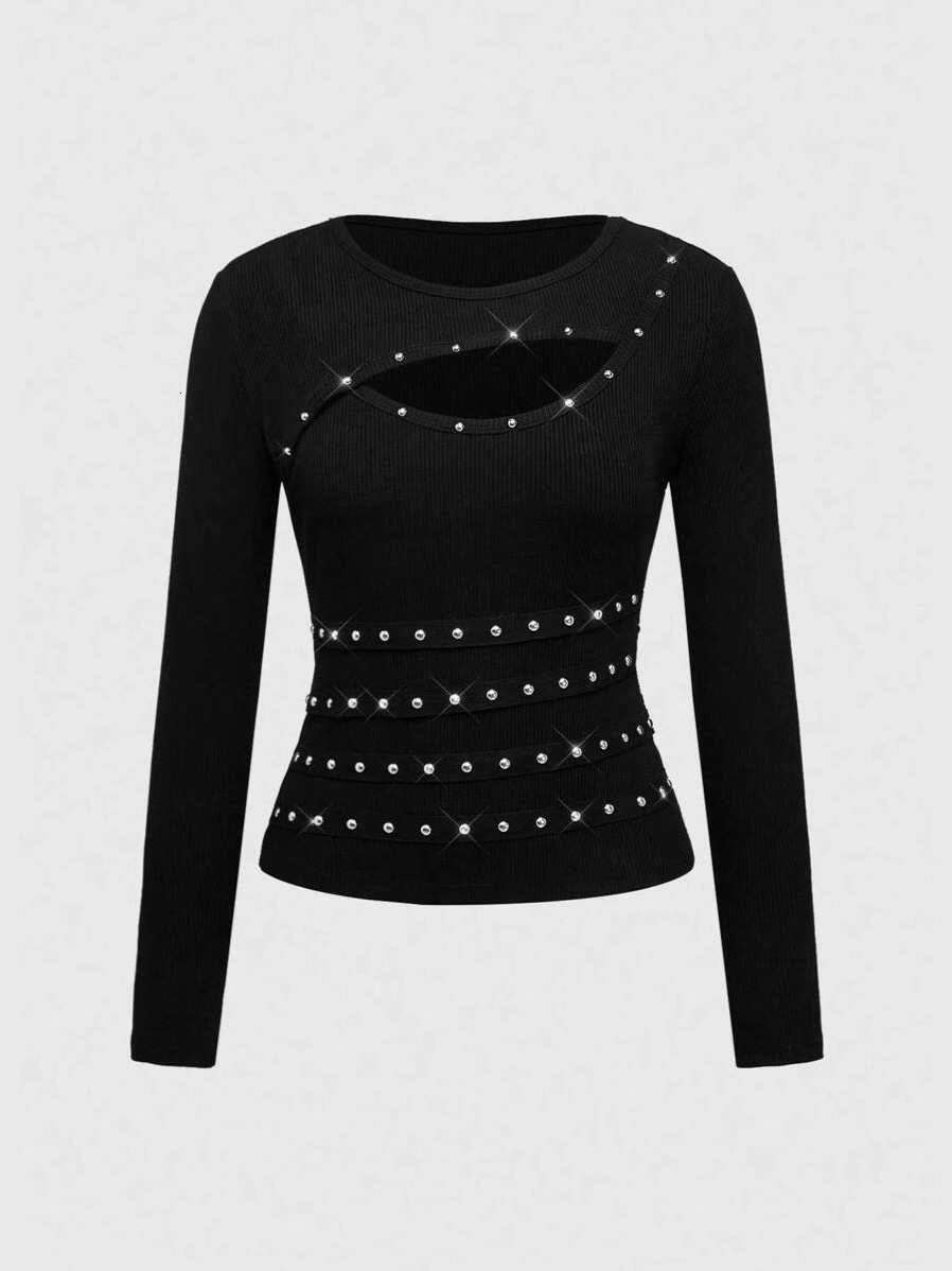 European and American autumn street fashion: metallic-accented, cut-out, slim-fit, waist-cinching T-shirt women, wholesale for cross-border sales 84