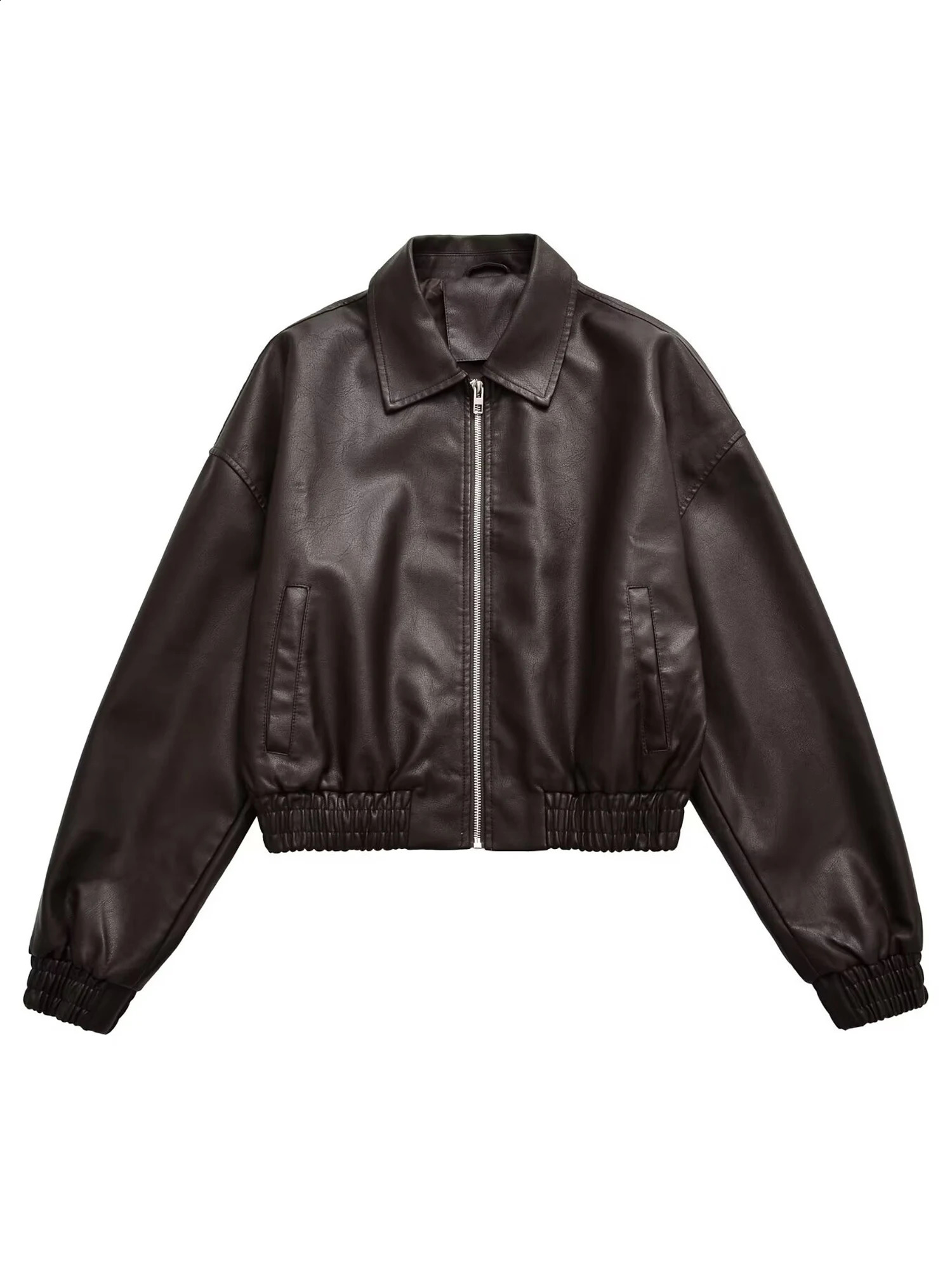 Vintage PU Leather Bomber Jackets 2025 Autumn Ladies Zipper Lapel Long Sleeve Pocket Coat Women's Loose Streetwear 260916