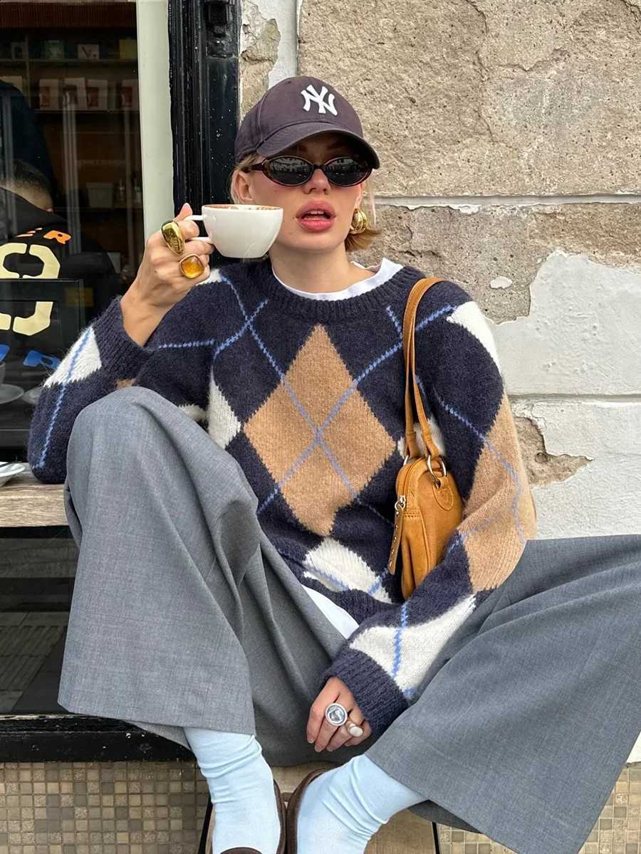 Woman Argyle Navy Sweaters Autumn Round Neck Long Sleeve Short Pullover Top Female Streetwear Preppy Style Jumpers J260916