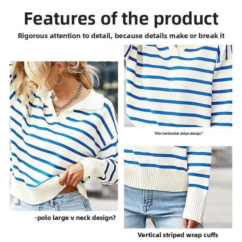 New Hot Sale Of The Season Women's Casual Knitwear Turn-Down Collar Striped Comfortable Cotton Polyester Blend Long Slve Sp... S260917BQF7