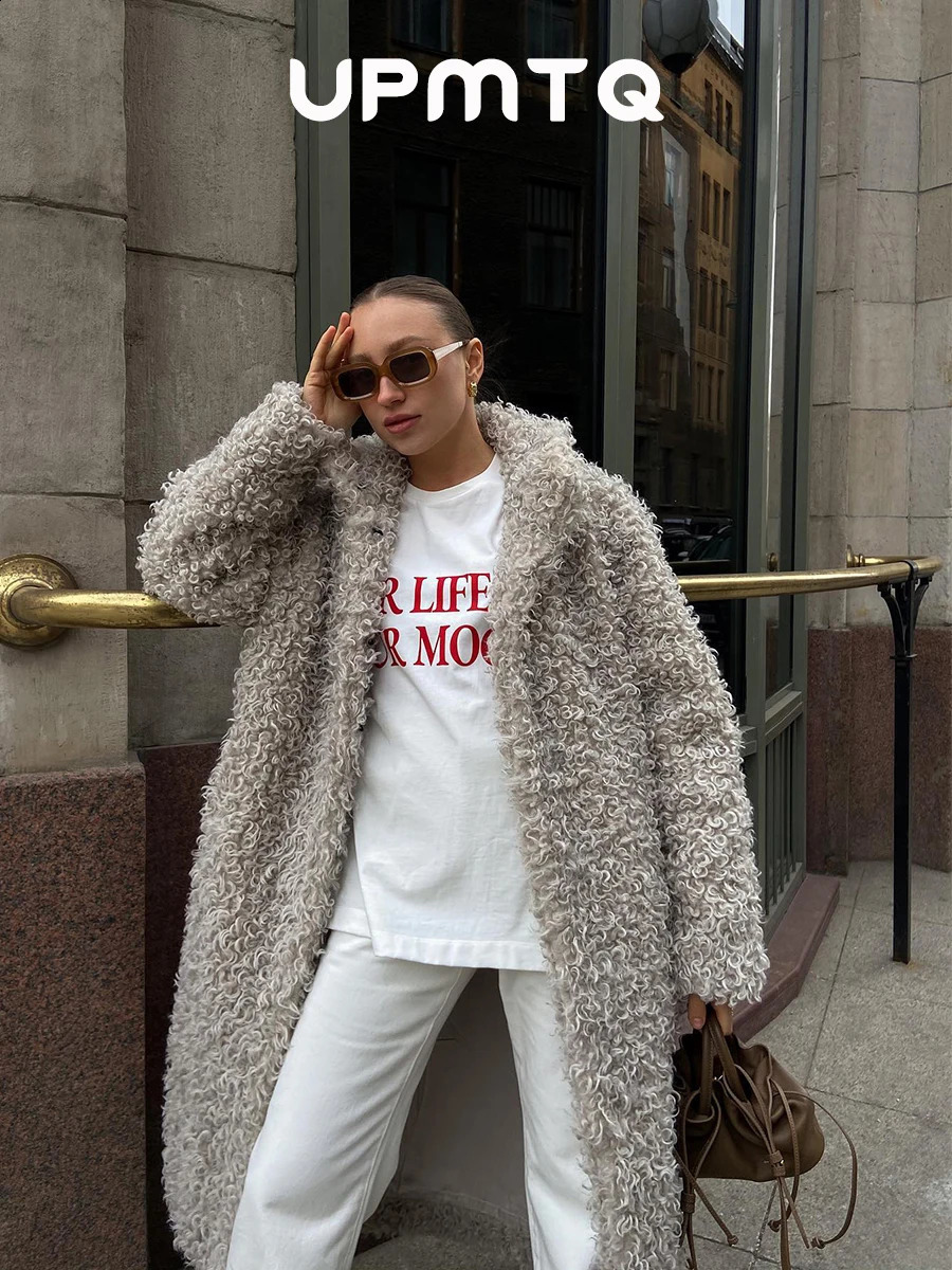 Gray Wool Faux Fur Shearling Long Coat for Women Winter Winter Fashion Trendy Teddy Maxi Coat Monki Curly Clean Fit Outwear 260916