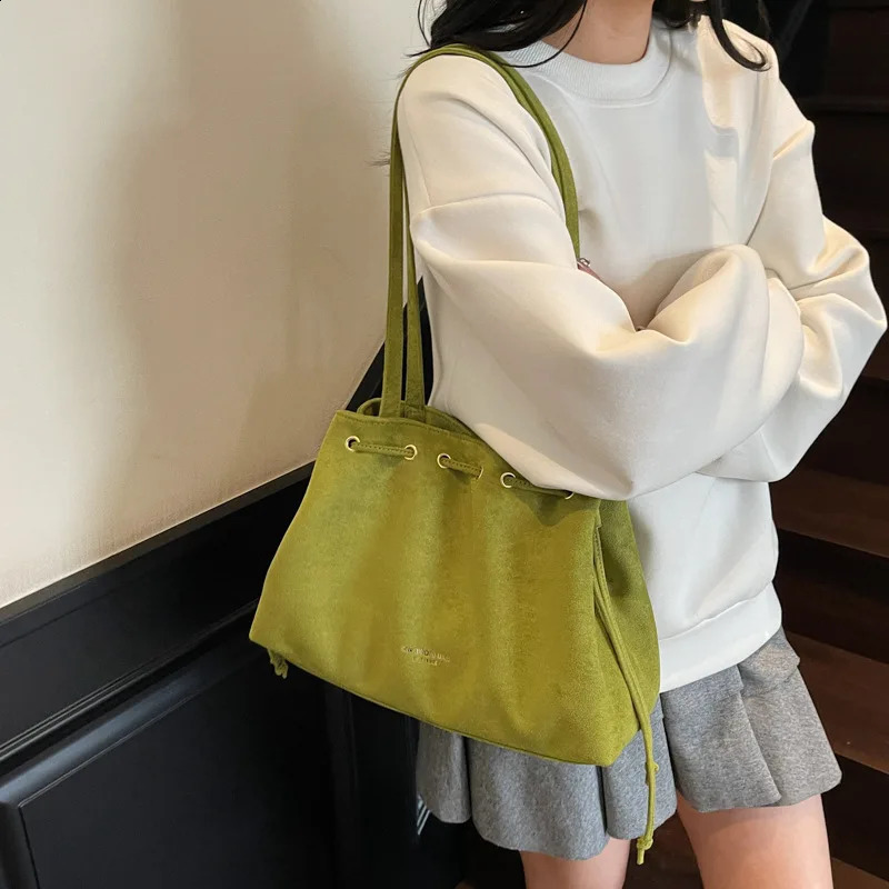 Women Suede Drawstring Bucket Bag Lime Green Soft Shoulder Handbag Retro Casual Tote Purse Large Capacity Daily Shopping Travel 260916