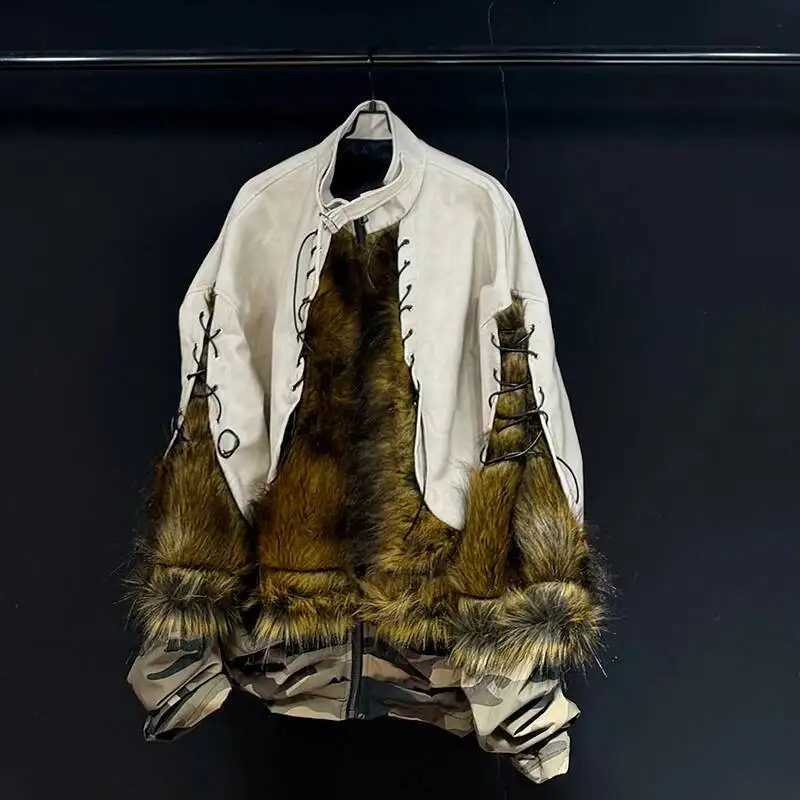 Jacket Stand Collar Lace-up Men's Loose Workwear Style High Street Trend Faux Fur Camouflage Spliced Outerwear BG75 W260915
