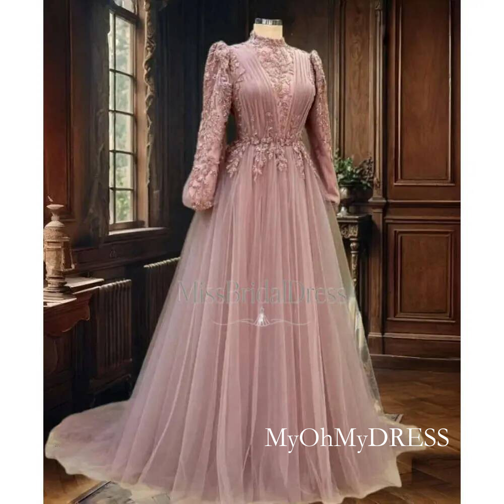 Elegant Muslim Evening Dresses Beaded High Collar Long Sleeves A Line Pink Tulle Formal Occasion Gowns Pleats Islamic Arabic Prom Dress For Women 20